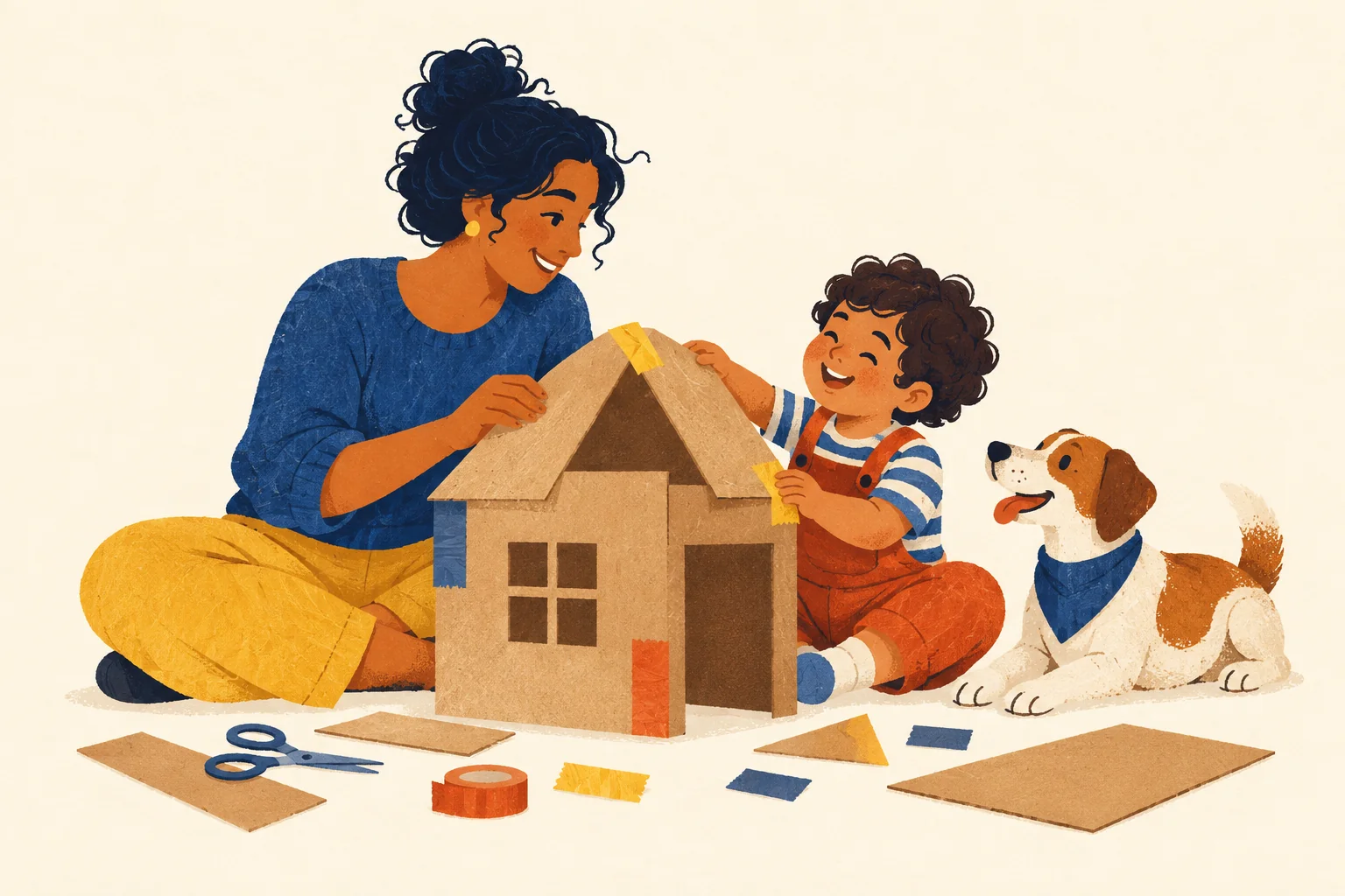 Ilustração de mãe e criança construindo uma casa de papelão juntas